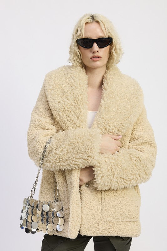 Women's Trimmed Shawl Collar Fleece Jacket With Pockets | Zarnesh