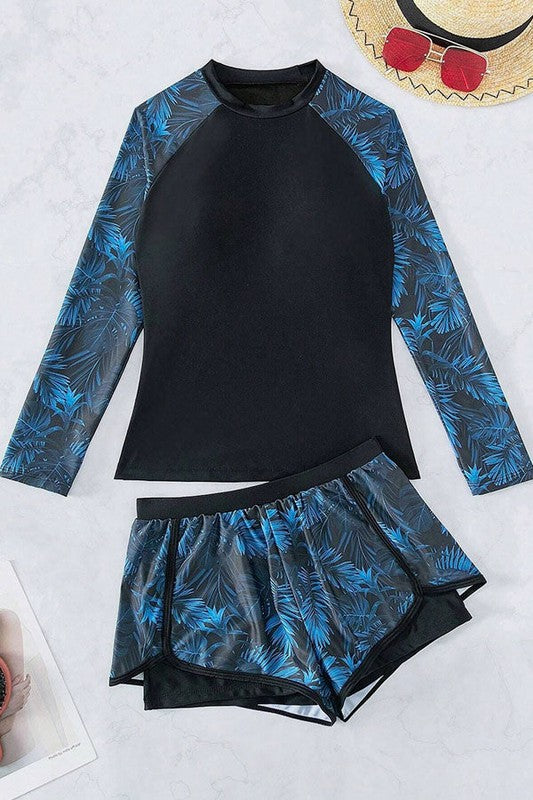 Women Tropical High Neck Shorts Long Sleeve Fitted Swimsuit Zarnesh