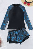 Women Tropical High Neck Shorts Long Sleeve Fitted Swimsuit Zarnesh