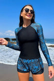 Women Tropical High Neck Shorts Long Sleeve Fitted Swimsuit Zarnesh