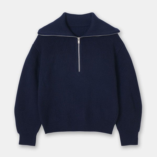 Women V Neck Half Zip Lapel Collar Long Sleeves Knit Sweater Zarnesh