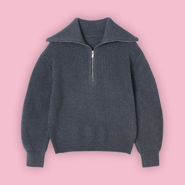 Women V Neck Half Zip Lapel Collar Long Sleeves Knit Sweater Zarnesh