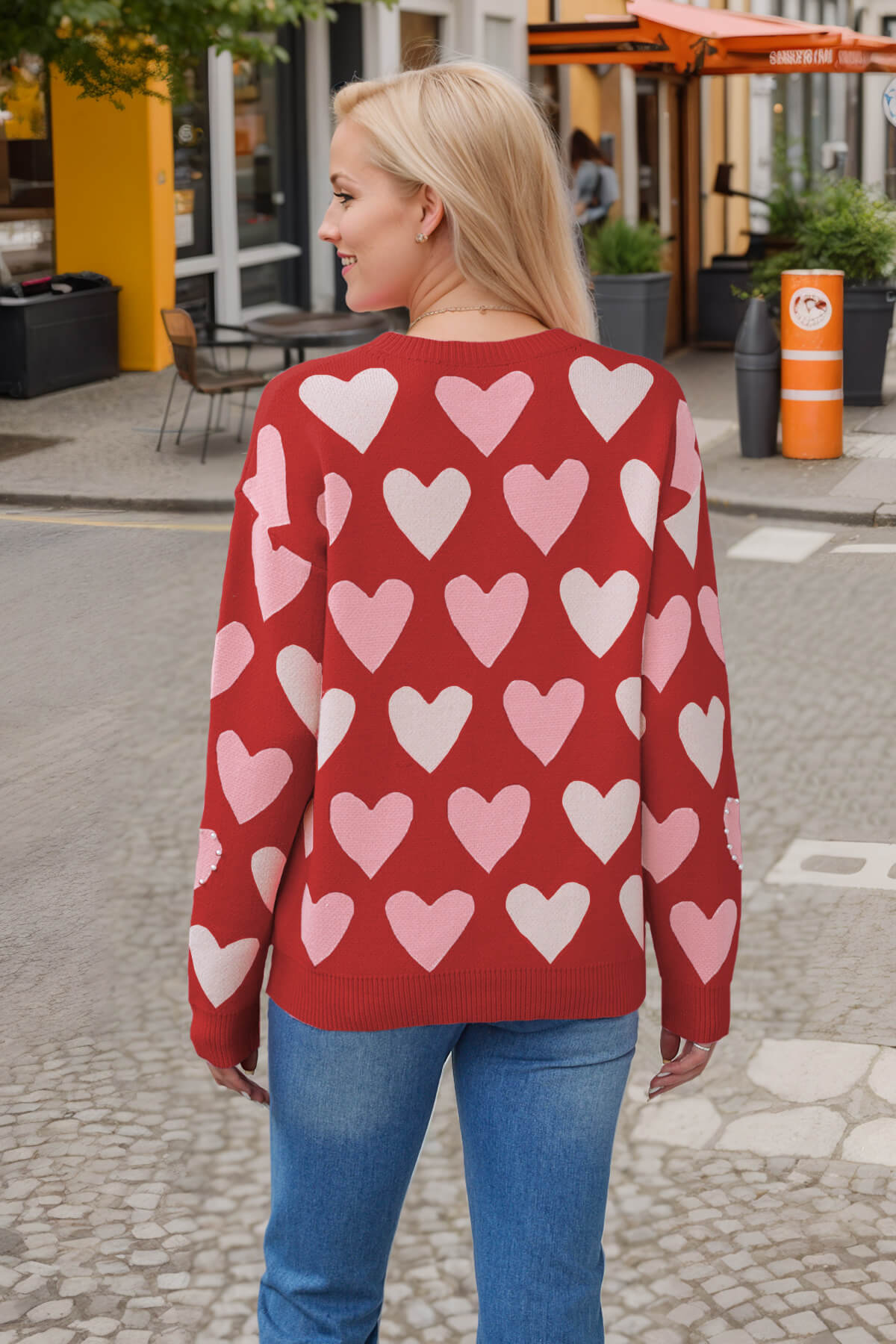 Women Valentine Beaded Heart Graphic Lightweight Knit Sweater Zarnesh
