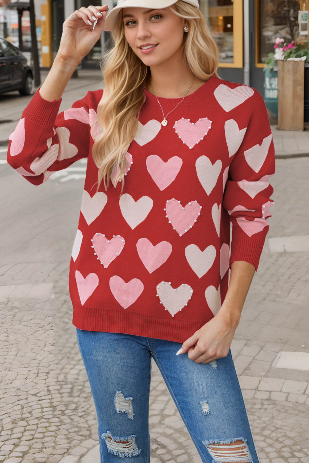 Women Valentine Beaded Heart Graphic Lightweight Knit Sweater Zarnesh