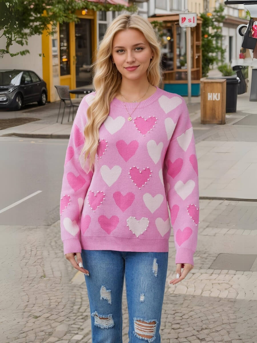 Women Valentine Beaded Heart Graphic Lightweight Knit Sweater Zarnesh