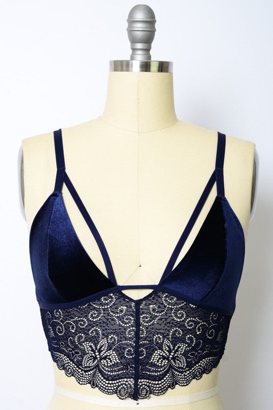 Women Velvet Longline Lace Pullover Adjustable Straps Bralette Zarnesh
