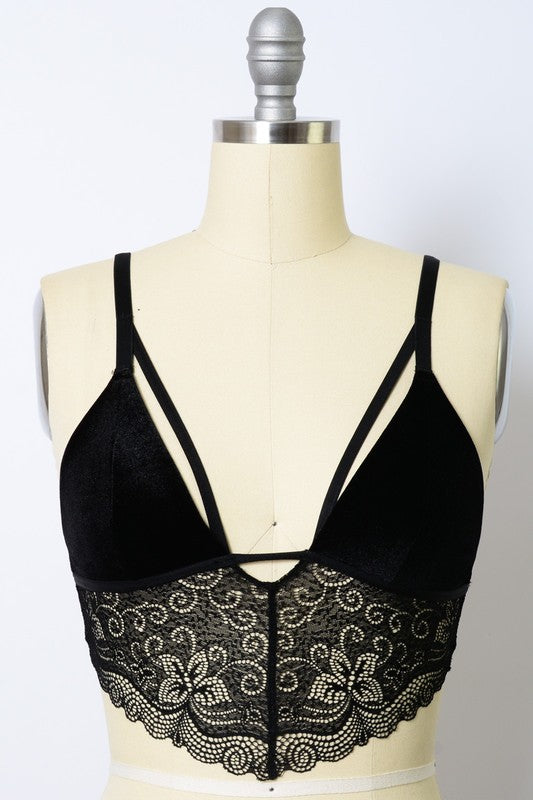 Women Velvet Longline Lace Pullover Adjustable Straps Bralette Zarnesh