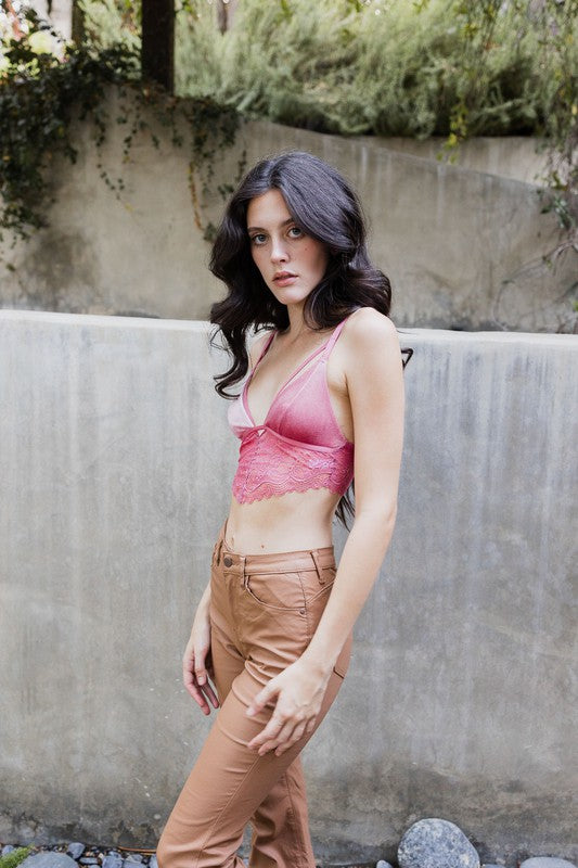 Women Velvet Longline Lace Pullover Adjustable Straps Bralette Zarnesh