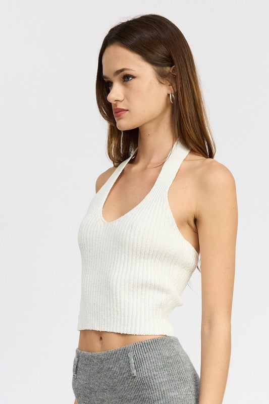 Women Versatile Texture Ribbed Halter Neck Top Zarnesh