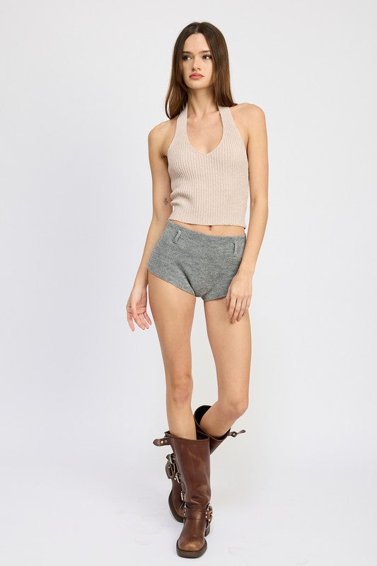 Women Versatile Texture Ribbed Halter Neck Top Zarnesh