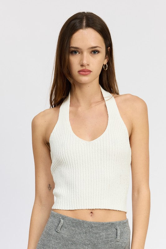Women Versatile Texture Ribbed Halter Neck Top Zarnesh