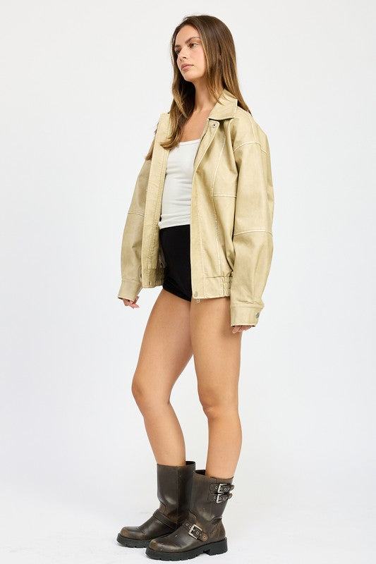 Women’s Vintage PU Oversized Bomber Jacket | Zarnesh