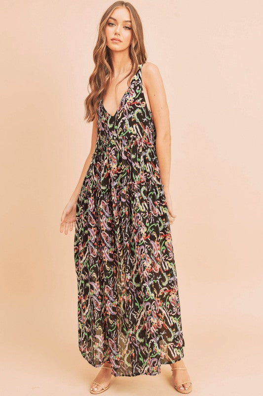 Women Violetta V Neck Tiered Sleeveless Pockets Maxi Dress Zarnesh