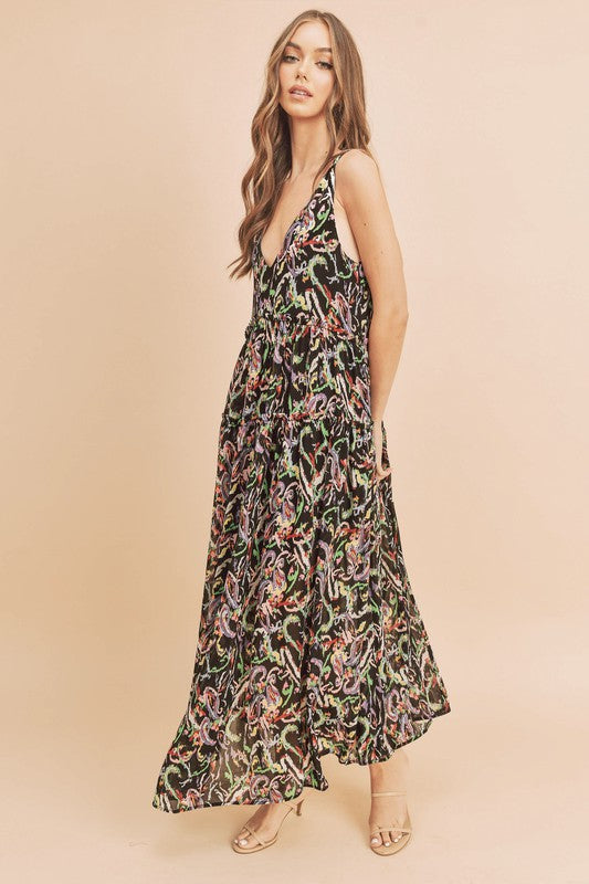 Women Violetta V Neck Tiered Sleeveless Pockets Maxi Dress Zarnesh