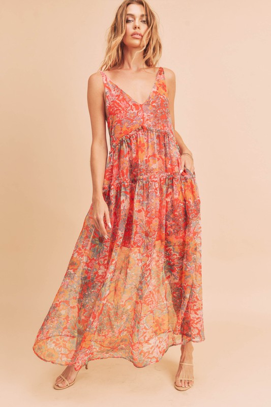 Women Violetta V Neck Tiered Sleeveless Pockets Maxi Dress Zarnesh
