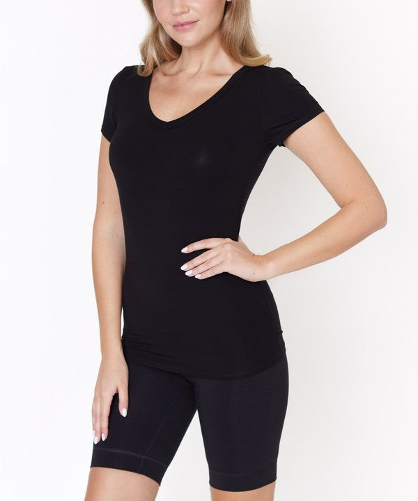Women Bamboo V Neck Short Sleeve Hip Length Fitted Top Zarnesh