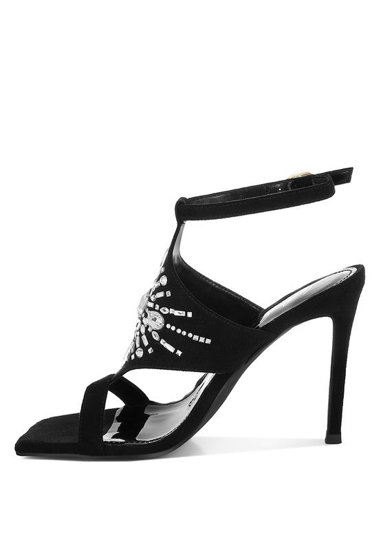 Women Warda Jeweled Shiny Stiletto Ankle Strap Heels Zarnesh