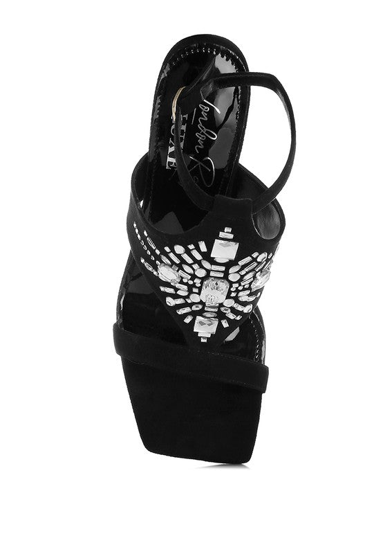 Women Warda Jeweled Shiny Stiletto Ankle Strap Heels Zarnesh
