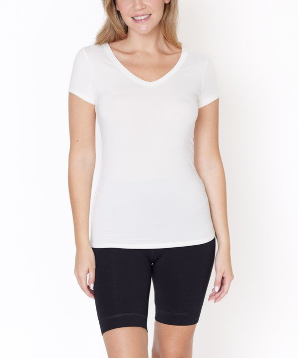 Women Bamboo V Neck Short Sleeve Hip Length Fitted Top Zarnesh