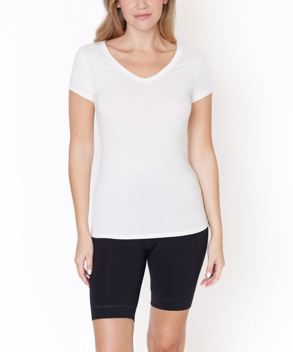 Women Bamboo V Neck Short Sleeve Hip Length Fitted Top Zarnesh