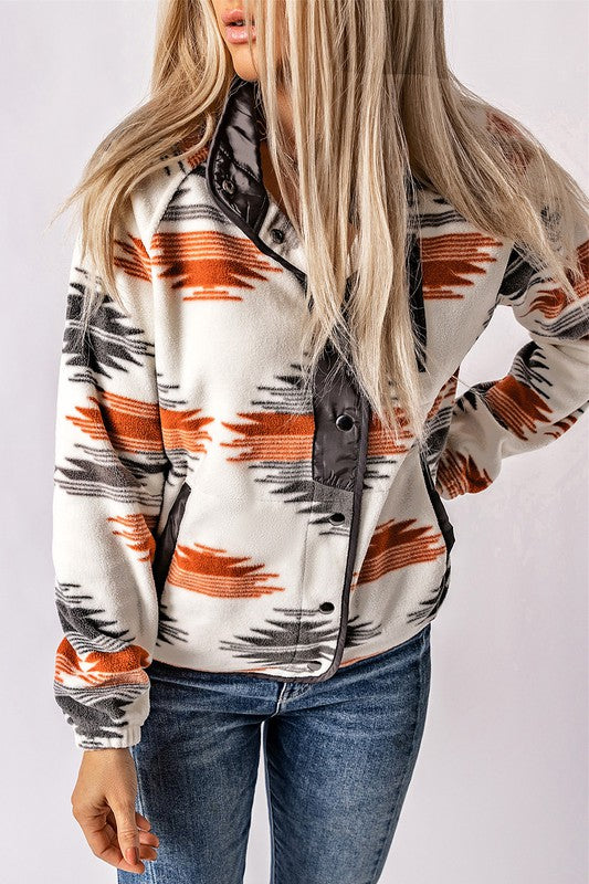 Women Western Aztec Snap Buttoned Side Pockets Fleece Jacket Zarnesh