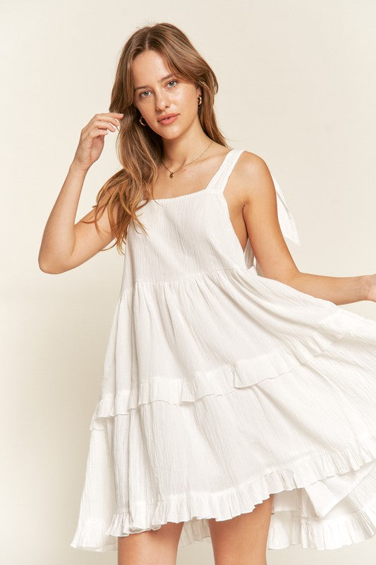 Women Plus Loose Square Neck Self Tie Straps Ruffle Mini Dress Zarnesh