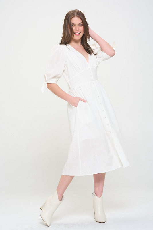 Women Plus Puff Sleeves Lined Textured Button Down Midi Dress Zarnesh