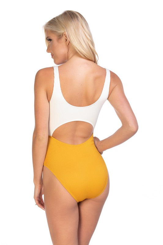 Women Ribbed Removable Cups Two Tone Cutout One Piece Swimsuit Zarnesh