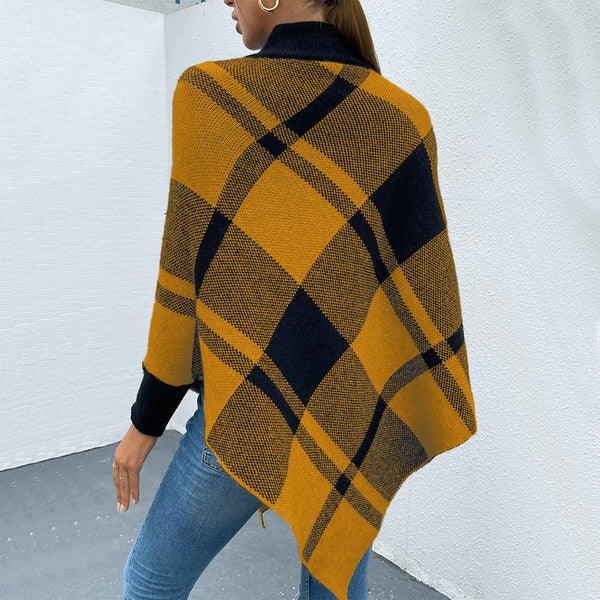 Women Yellow Soft Acrylic Knit Mock Neck Plaid Knit Poncho Zarnesh
