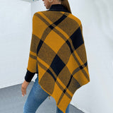 Women Yellow Soft Acrylic Knit Mock Neck Plaid Knit Poncho Zarnesh