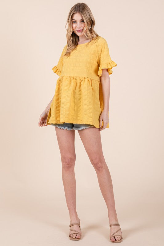 Women Textured Ruffle Sleeve Round Neck Pullover Tunic Tops Zarnesh