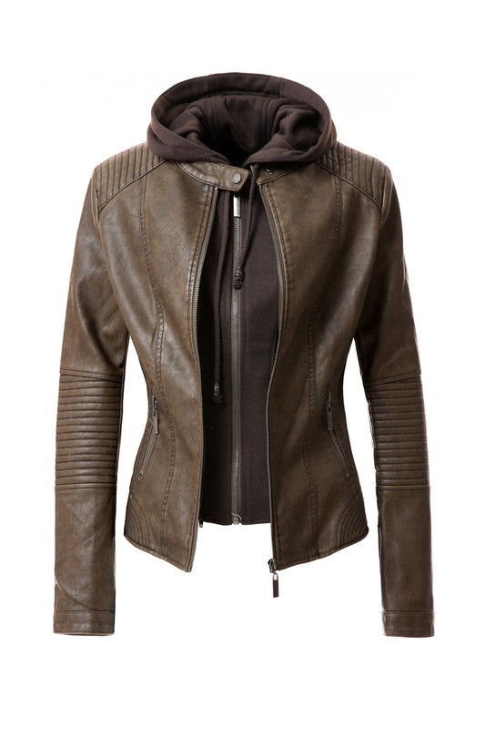 Women's Leather Faux Jacket Zip-Up Biker Hoodie Jacket | Zarnesh