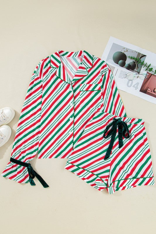 Women’s Christmas Stripe Bow Cuffs Pajama Set | Zarnesh
