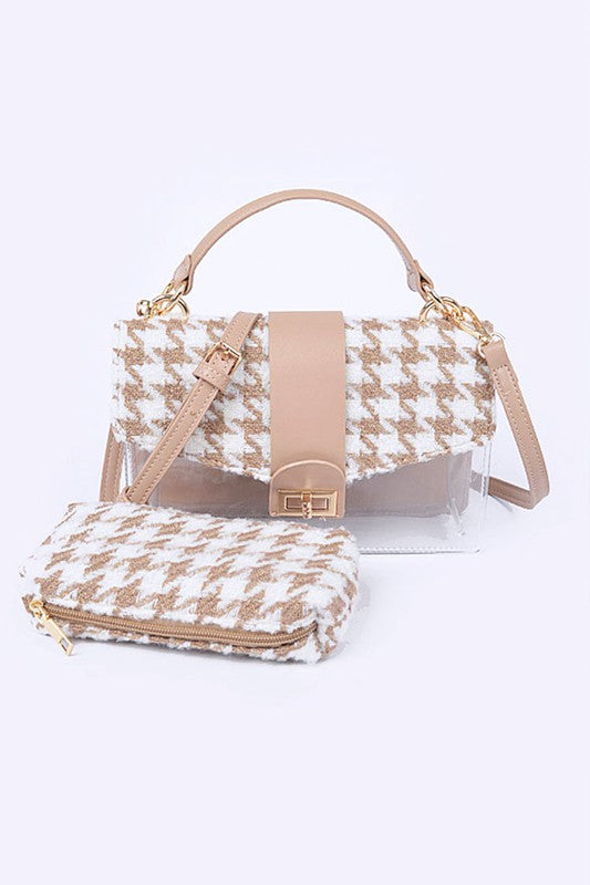Women's 2 In 1 Tweed Houndstooth Print Clear Bag Set | Zarnesh