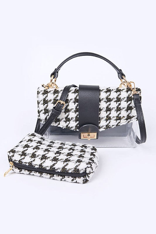 Women's 2 In 1 Tweed Houndstooth Print Clear Bag Set | Zarnesh
