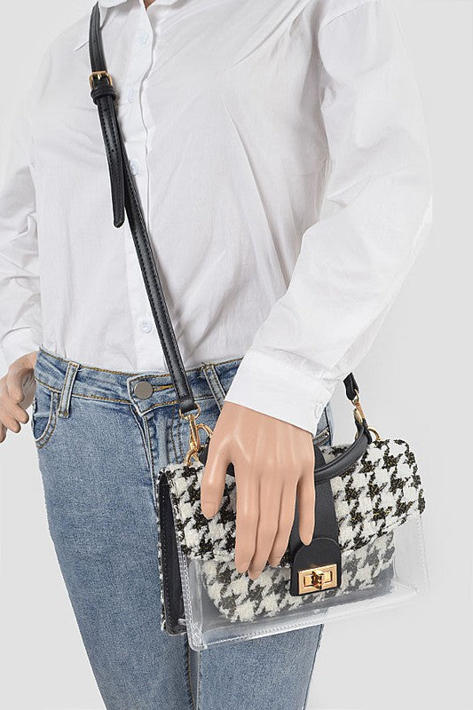 Women's 2 In 1 Tweed Houndstooth Print Clear Bag Set | Zarnesh