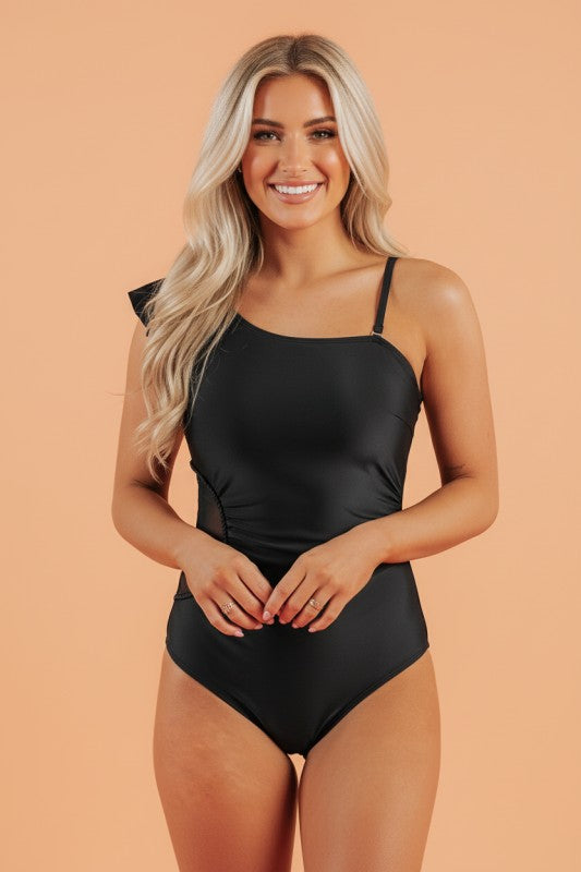 Women's Asymmetric Ruffle Shoulder One-Piece Swimsuit | Zarnesh