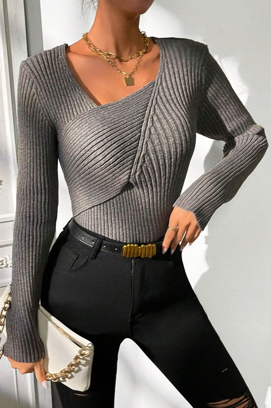 Women’s Asymmetrical Neck Knit Elastic Fit Solid Sweater | Zarnesh