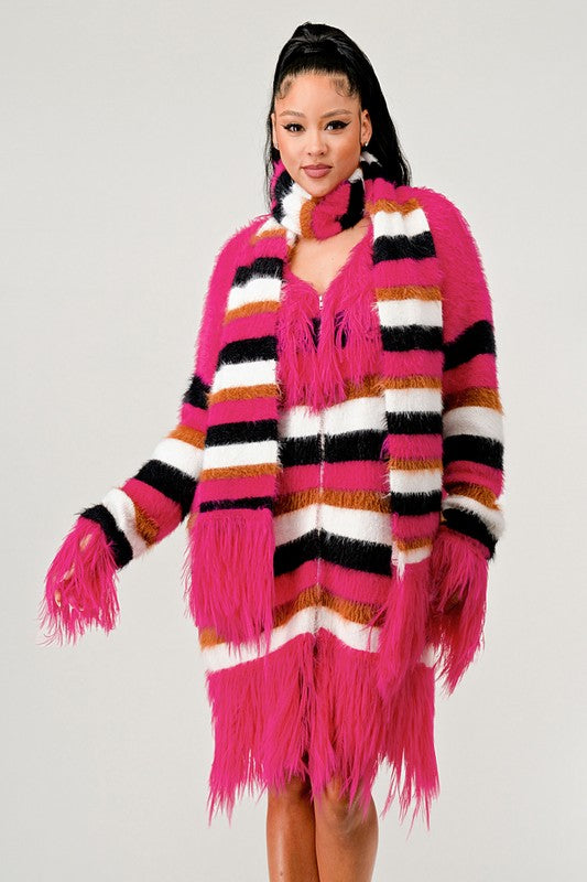 Women’s Athina Fuzzy Striped Faux Fur Fringe Sweater | Zarnesh