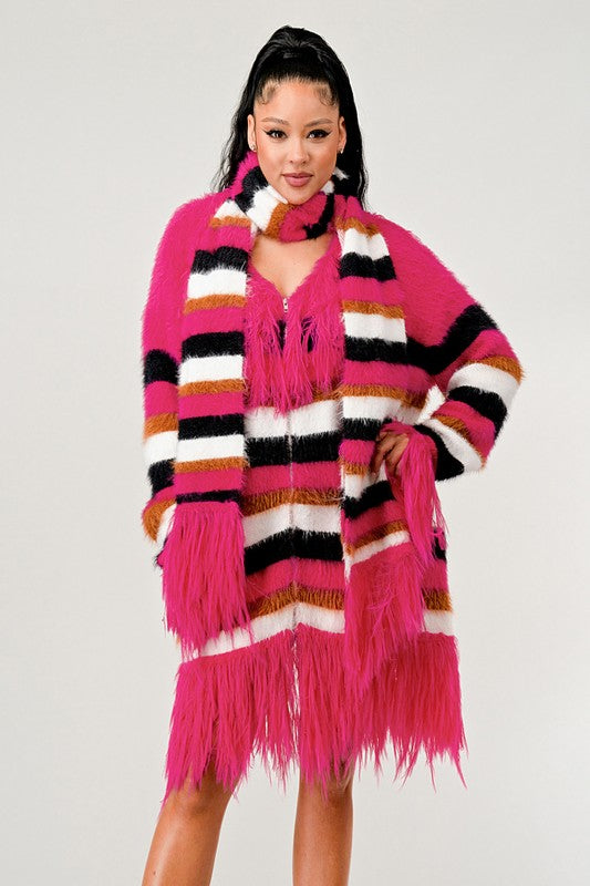 Women’s Athina Fuzzy Striped Faux Fur Fringe Sweater | Zarnesh