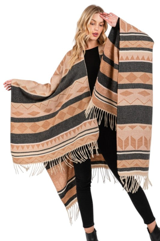 Women’s Aztec Pattern Fringe Ruana Poncho Wrap Shawl | Zarnesh