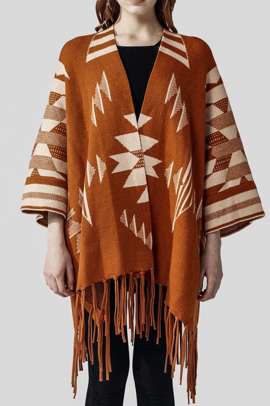 Women’s Aztec Print Open Front Fringe Poncho Sweater Cardigan | Zarnesh