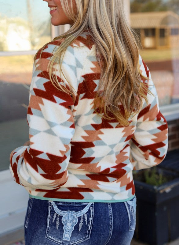 Women's Aztec Buttoned Zipper Pockets Fleece Jacket | Zarnesh