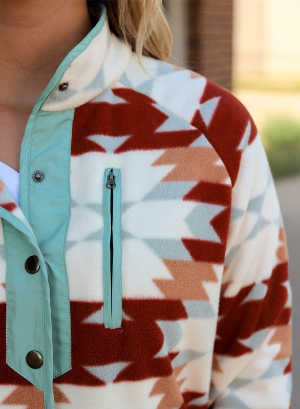 Women's Aztec Buttoned Zipper Pockets Fleece Jacket | Zarnesh