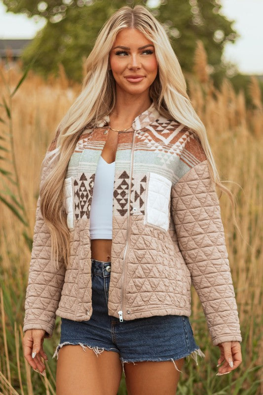 Women’s Aztec Quilted Front Zip Patchwork Jacket | Zarnesh