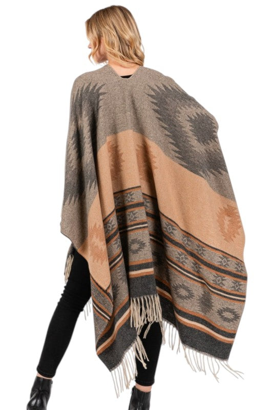 Women’s Aztec Pattern Fringe Ruana Poncho Shawl Wrap | Zarnesh