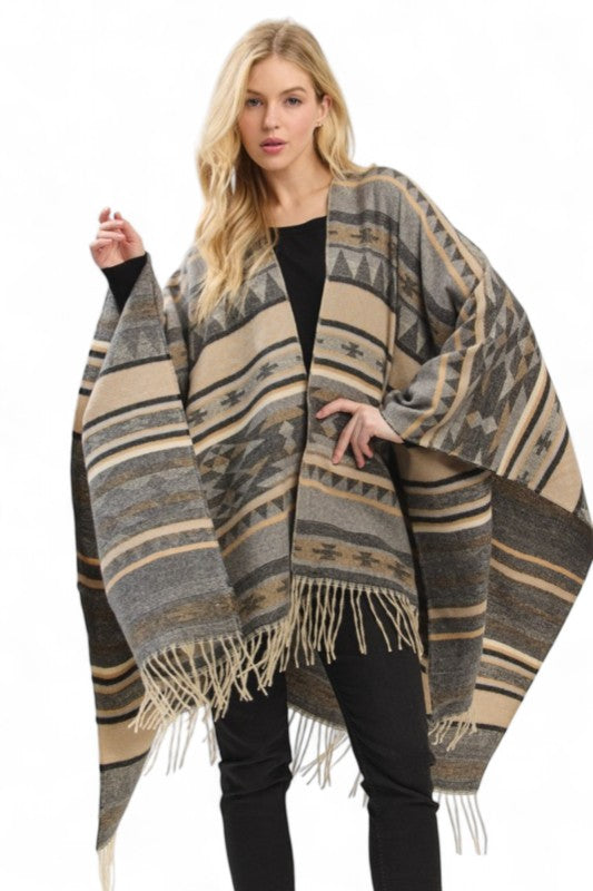 Women's Aztec Pattern Fringe Ruana Open Front Cardigan  | Zarnesh