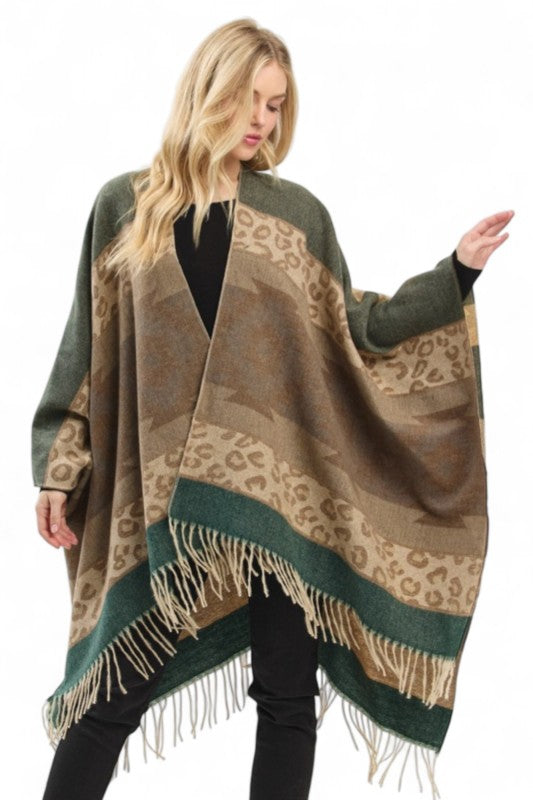 Women's Aztec Pattern Fringe Ruana Cardigan Warp Scarf | Zarnesh