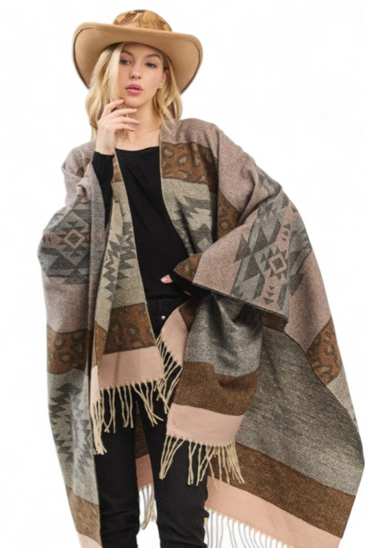 Women's Aztec Pattern Fringe Ruana Cardigan Warp Scarf | Zarnesh