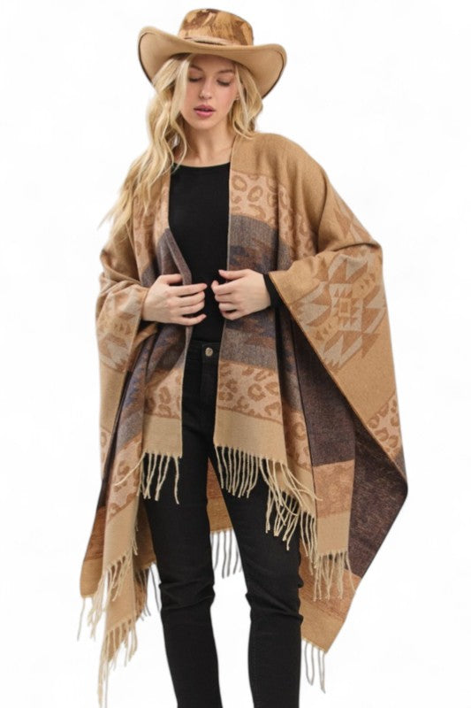 Women's Aztec Pattern Fringe Ruana Cardigan Warp Scarf | Zarnesh